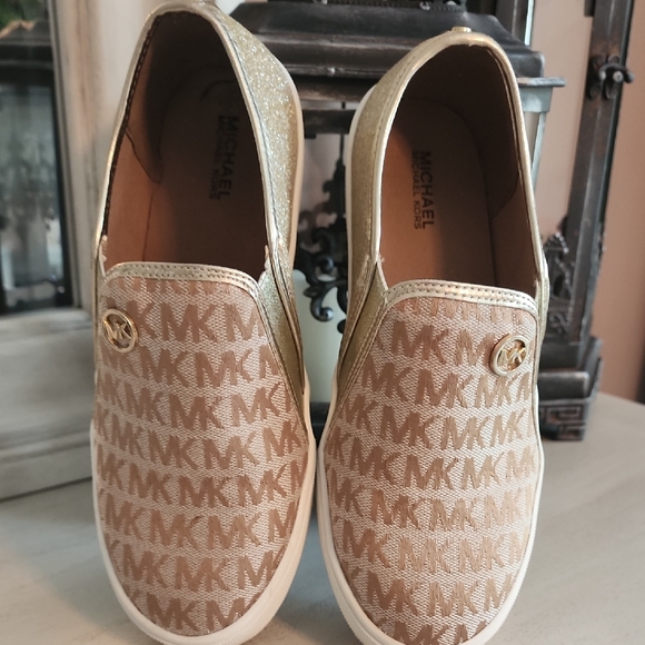 Michael Kors Gold and Tan Logo Slip-Ons - Picture 1 of 9